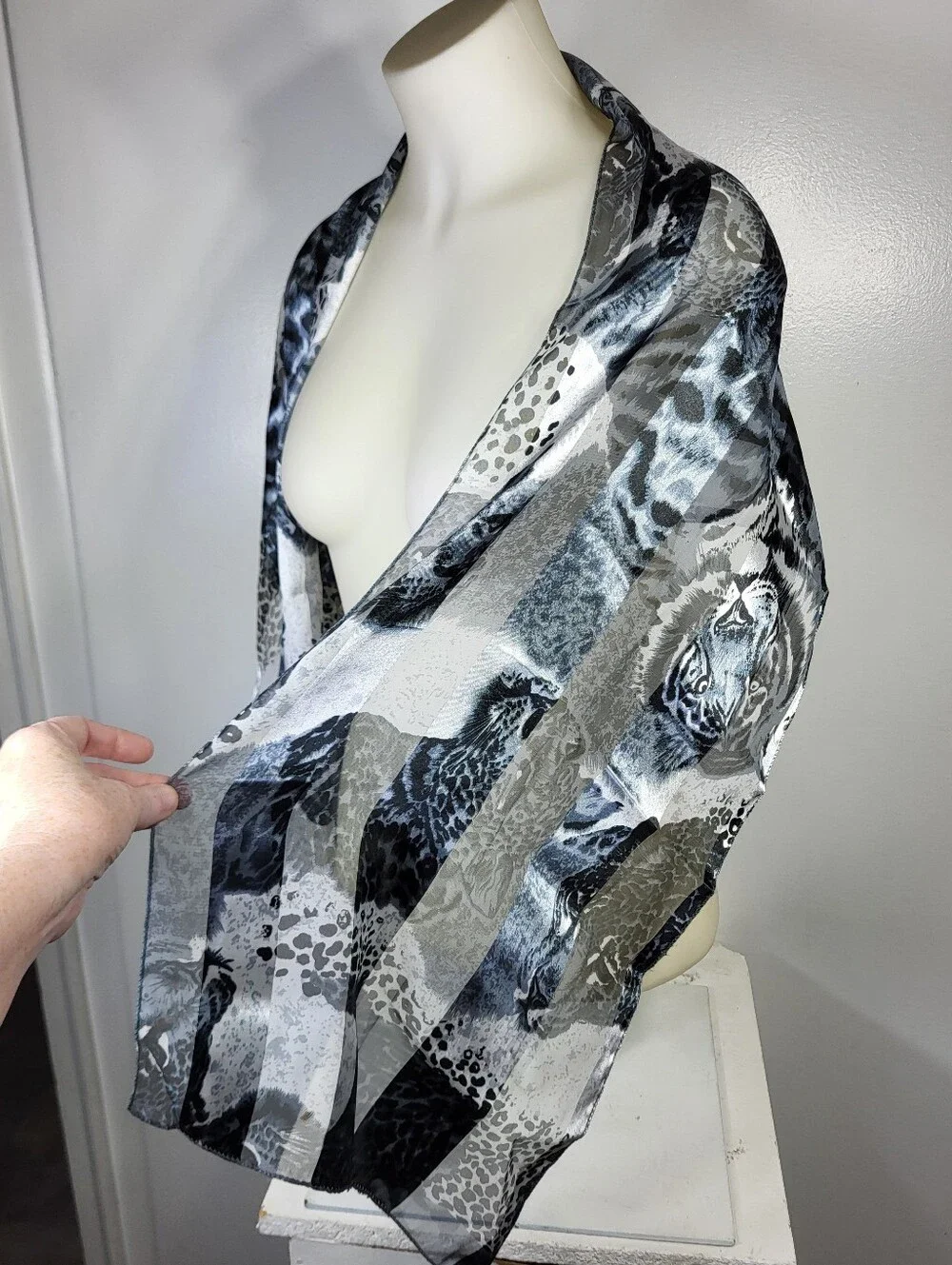 Silk Feel Sheer Black and White Animal Print Lightweight Scarf 13